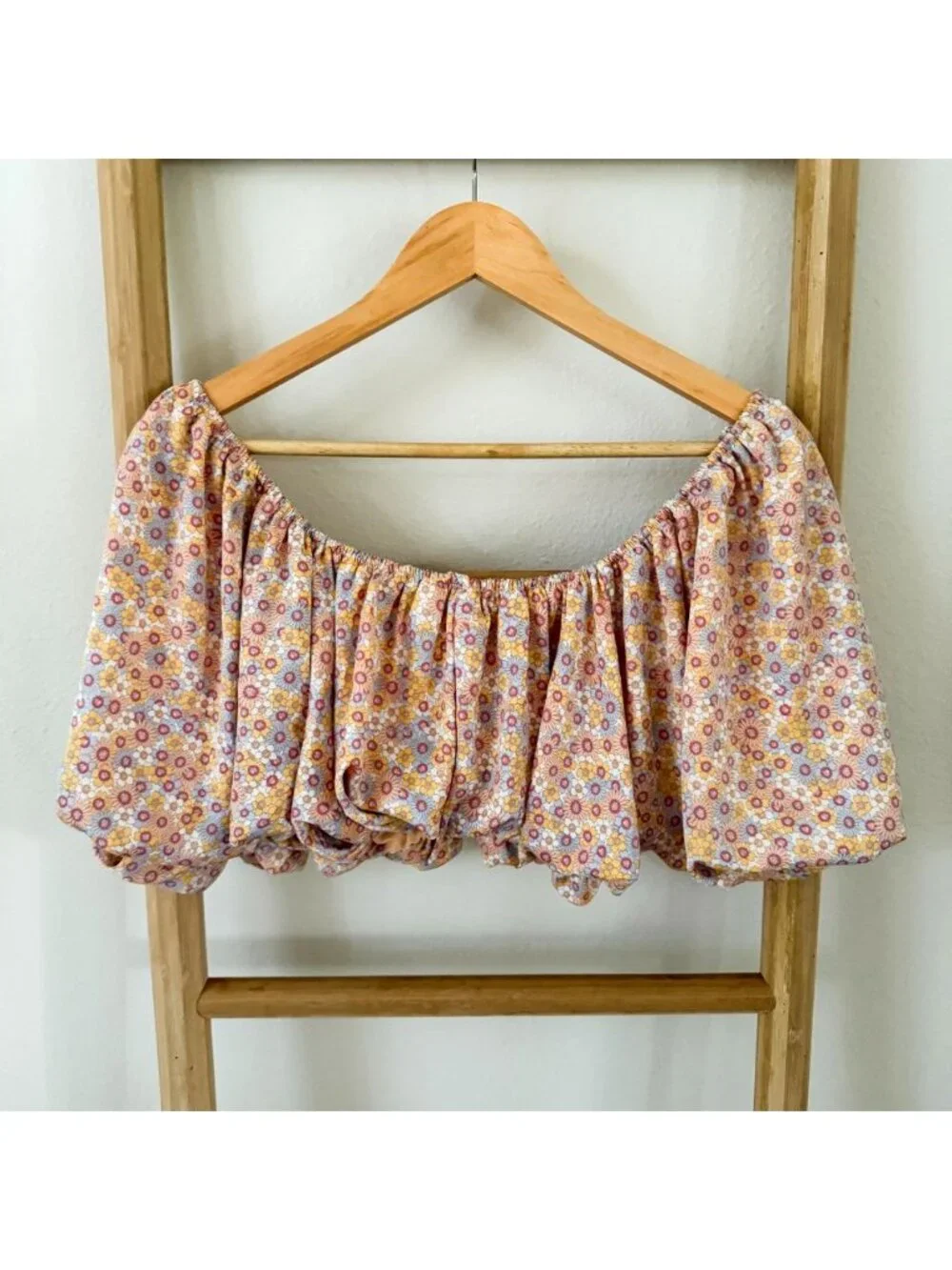 Zara Printed Satin Effect Floral Puff Sleeve Off Shoulder Crop Top Size Small